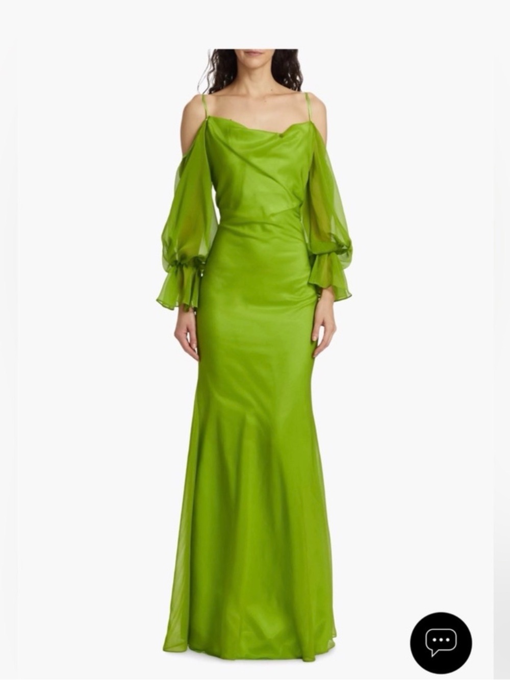 Claude Kameni $725 Green Off-Shoulder Long Sleeve Satin Gown